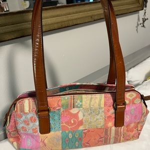 Vintage Fossil Patchwork Handbag Shoulder Bag Brown Leather Multicolor Tapestry